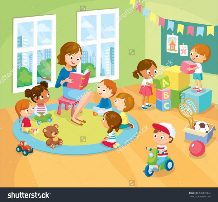 stock vector children s activity in the kinder garden reading books playing education 390891034